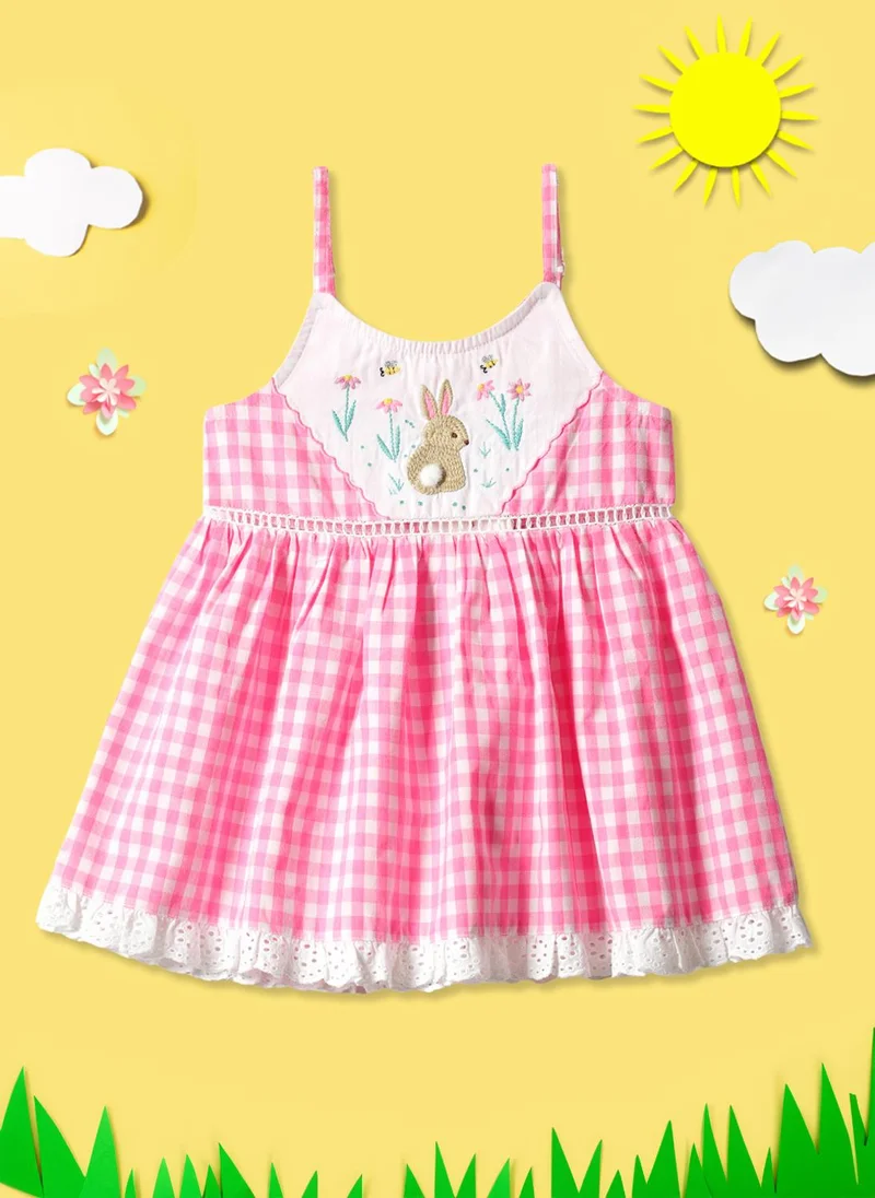 Girls' 100% Cotton Gingham Chequered Rabbit, Bees & Floral Embroidered Fit & Flare Dress